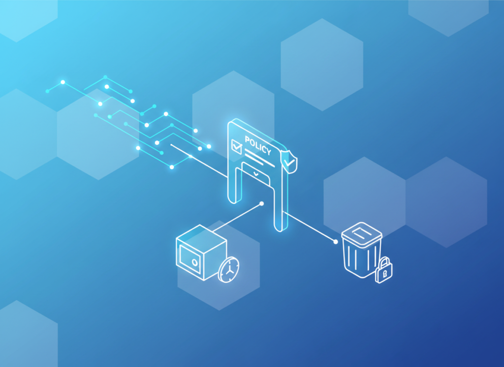 Illustratie van dataretentie en AVG bewaartermijnen: datastroom die via policy-controls naar archiveren of verwijderen gaat.