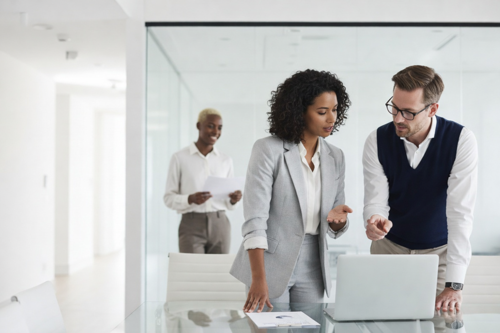 Twee professionals bespreken cybersecurity- en compliancemaatregelen in een moderne vergaderruimte, passend bij NIS2-verplichtingen voor het MKB in Nederland.